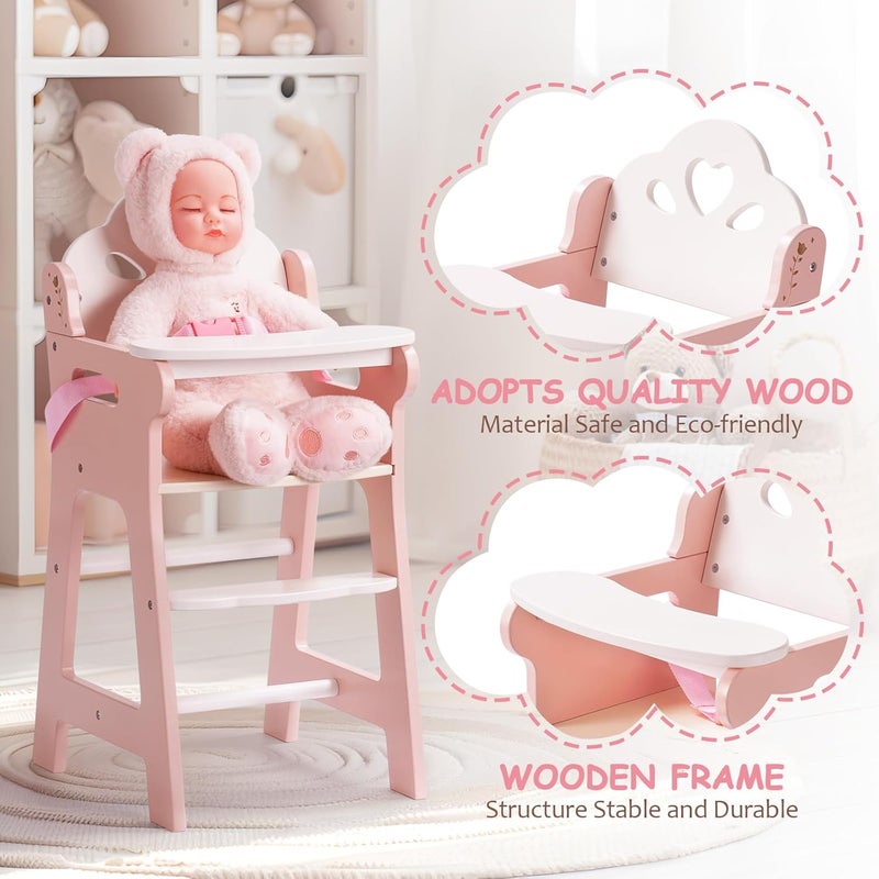 Robotime High Chair for Pretend Play, Wooden Baby Doll Furniture with Safety Belt and Footrest, Fits 18 Inch Dolls, Gift for Ages 3+, White/Pink - Image 4
